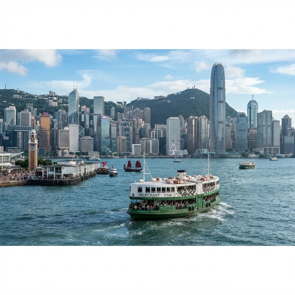 Star Ferry crossing Victoria Harbour with Hong Kong skyline